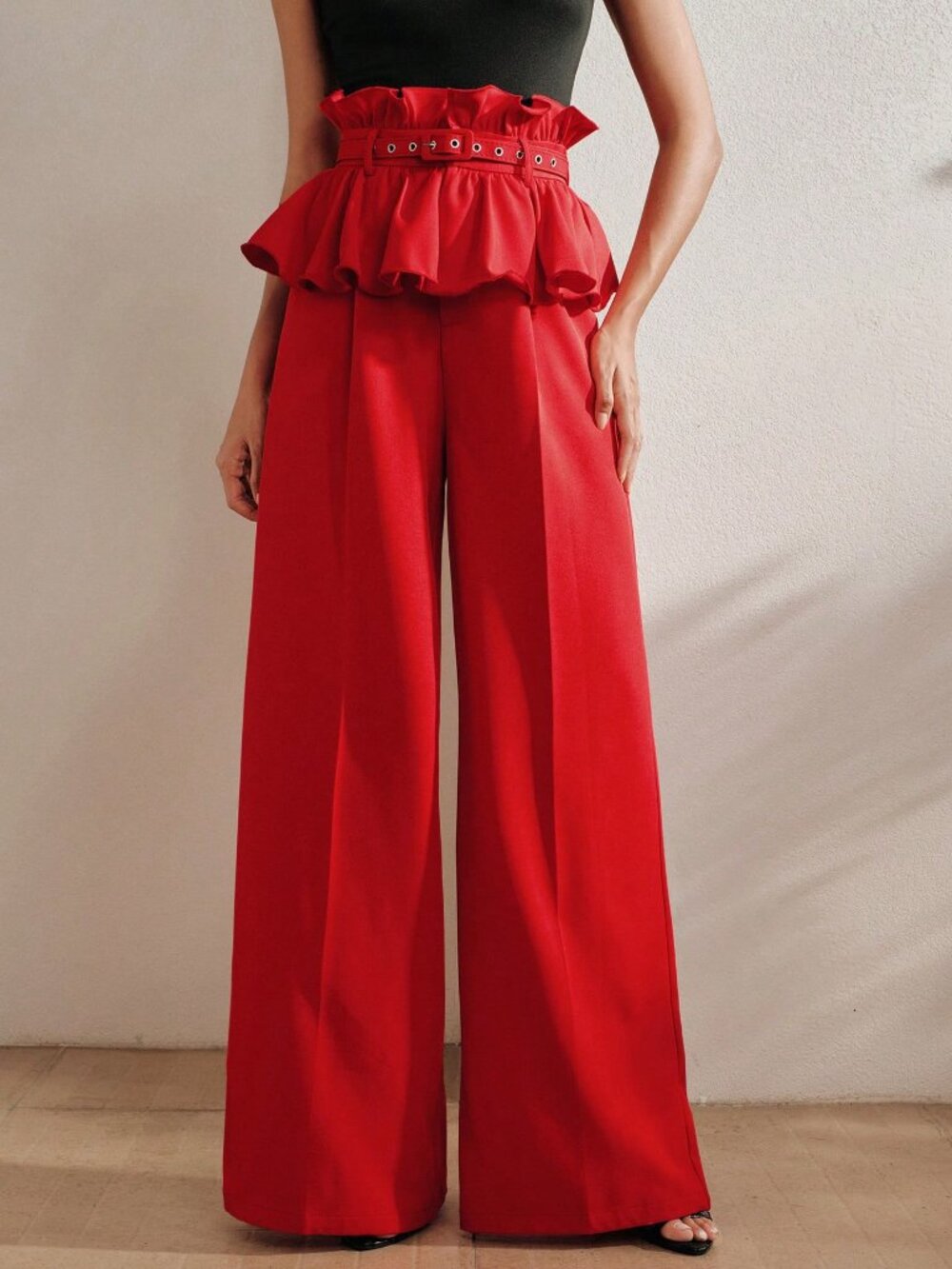 Red elegant Women's High-Waisted Wide Leg Pants - Picture 3 of 7